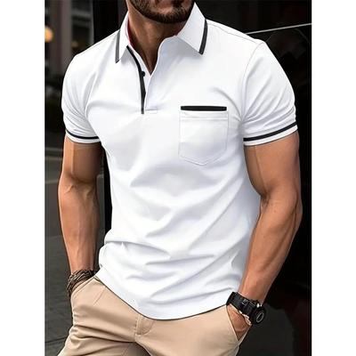 Homens Top Verão Bolso Botão Casual Camiseta Branco Preto Azul Solto Clássico Tops Lapela Pescoço Manga Curta Camisas Polo