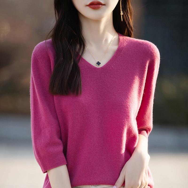 Women S Short Sleeve V Neck Solid Color Knit Pullover Top