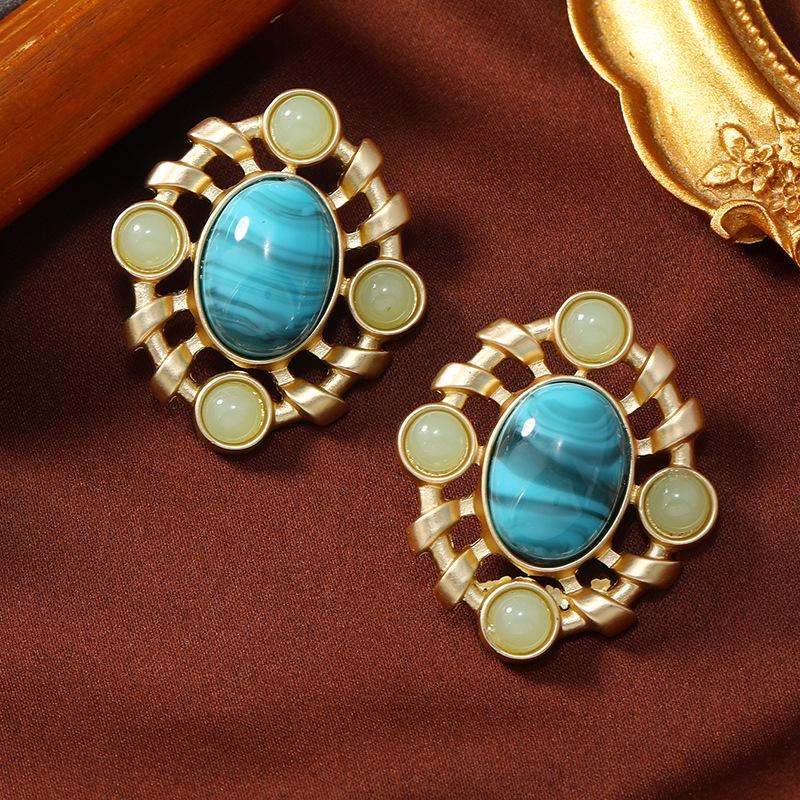 Turquoise Oval Palace-Style Stud Earrings - Retro Luxury for Women