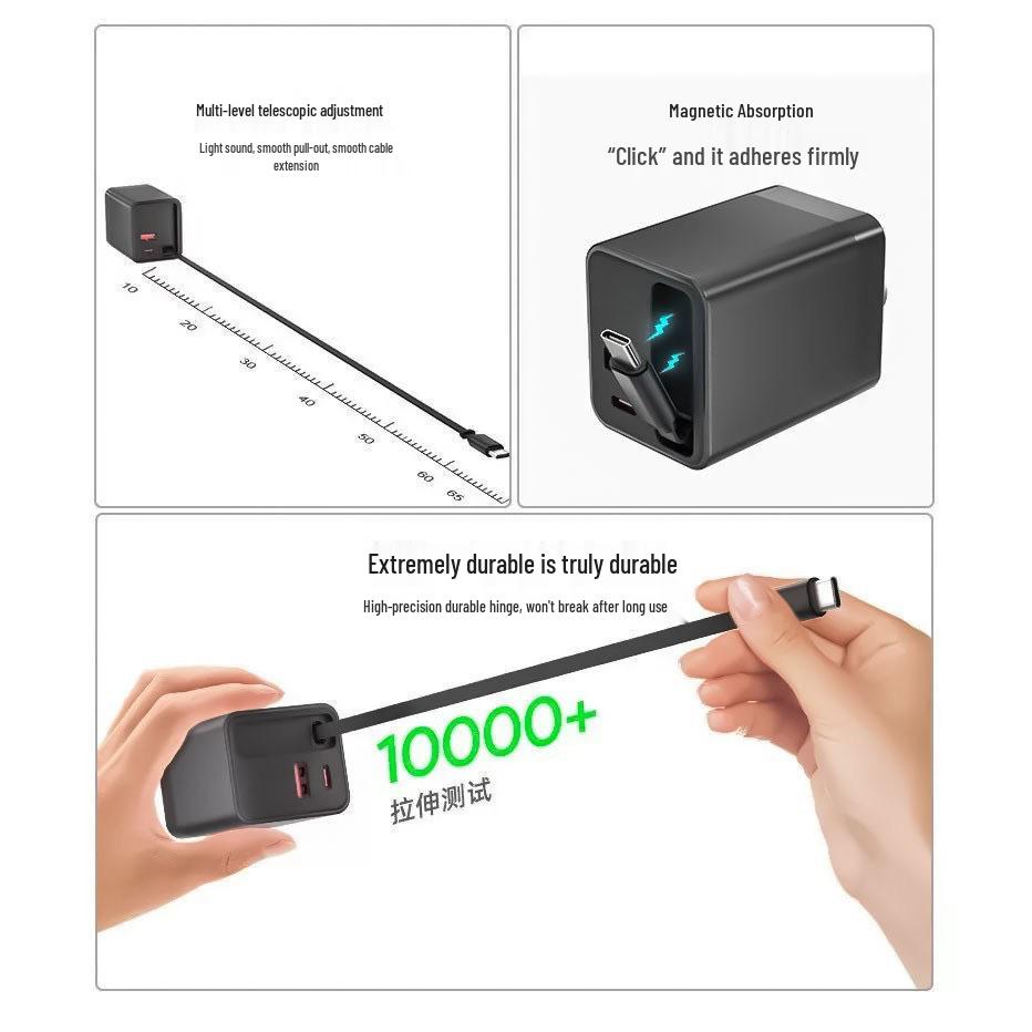Dual-Port GaN Fast Charger with Retractable Cable for Apple, Huawei, Xiaomi