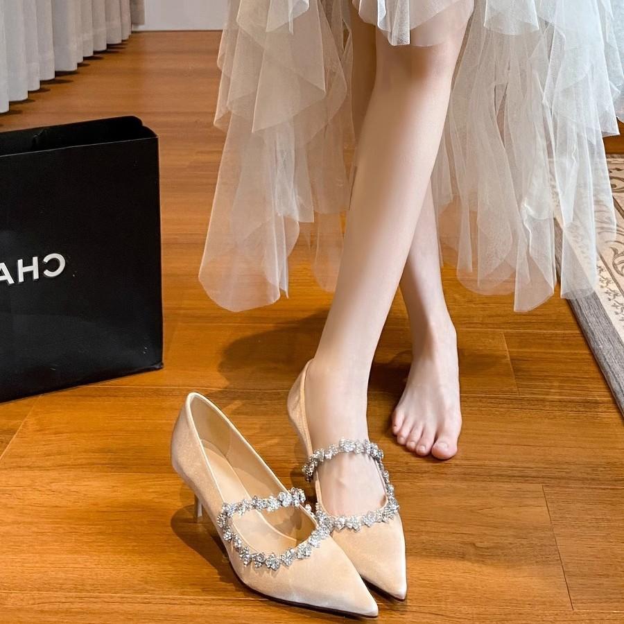 French Beautiful Wedding Shoes Rhinestone Pointed Nude High Heels with Stiletto Single Shoes Gentle Evening Shoes 2025