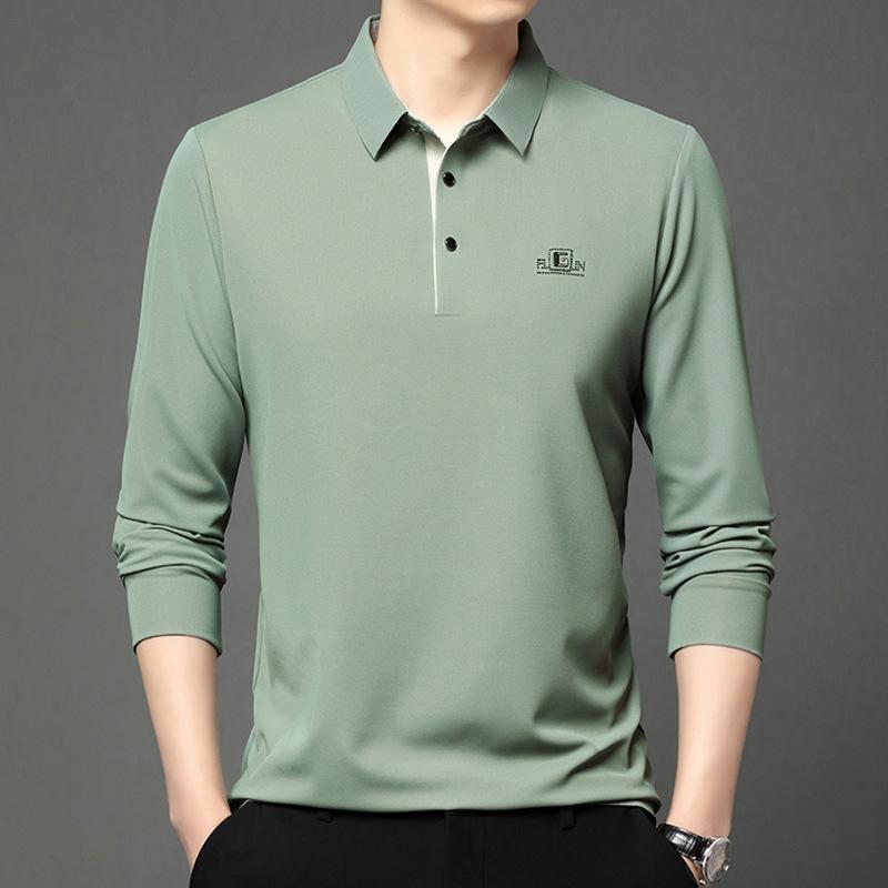 Long-Sleeved Polo Shirt Men'S Simple Casual Bottom Lapel Printed T-Shirt Bottom Shirt