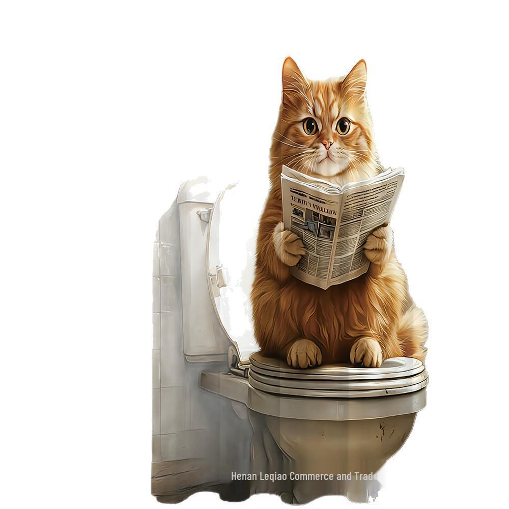 Cartoon Cat Bathroom Set: Funny Cat Reading Newspaper Shower Curtain & Accessories