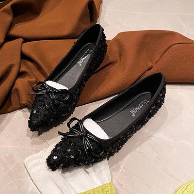 B62025 Spring Sparkling Sequins Delicate Small Pointed Head Shallow Mouth Soft Sole Dating Bow Single Shoes Women