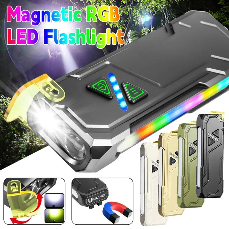 Nowa latarka LED RGB z bocznym światłem, ładowana przez USB, światło UV, magnetyczna lampa robocza, przełącznik dotykowy do użytku na zewnątrz, w sytuacjach awaryjnych, na kempingu