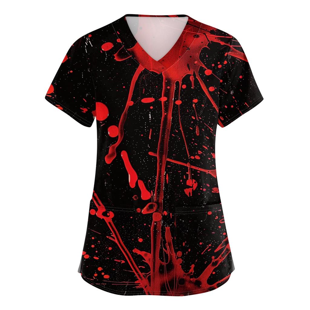 Women's V-neck Halloween Printed Short-sleeved Pocket Side-slit Protective Suit Top