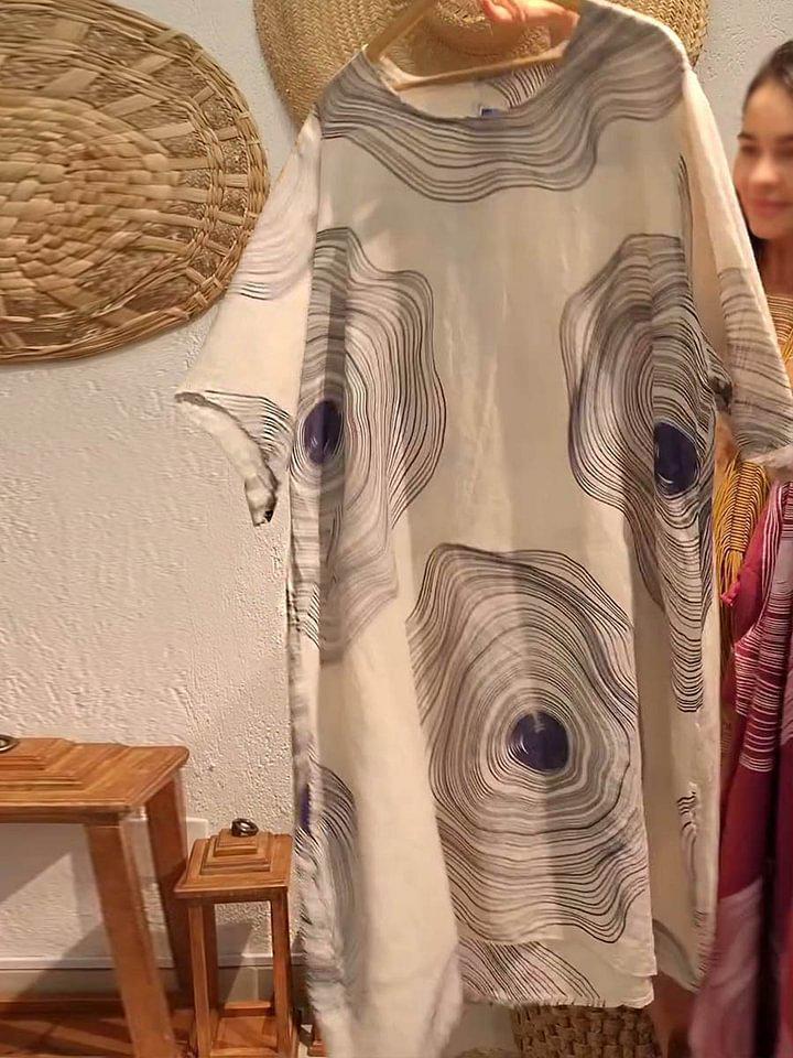 2026 European and American Fashion: Women's Abstract Print Linen Dress with Round Neck and Three-Quarter Sleeves