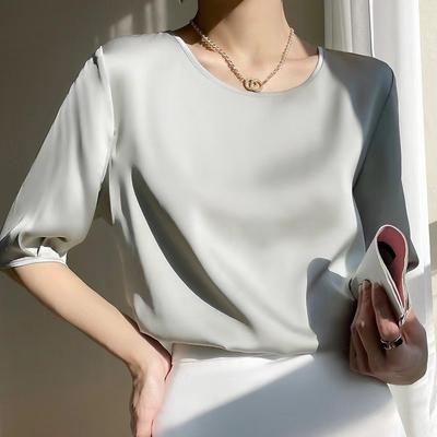 Women's Simulated Silk Five Quarter Sleeve Shirt with Loose Design and Round Neck Blouses & Shirts
