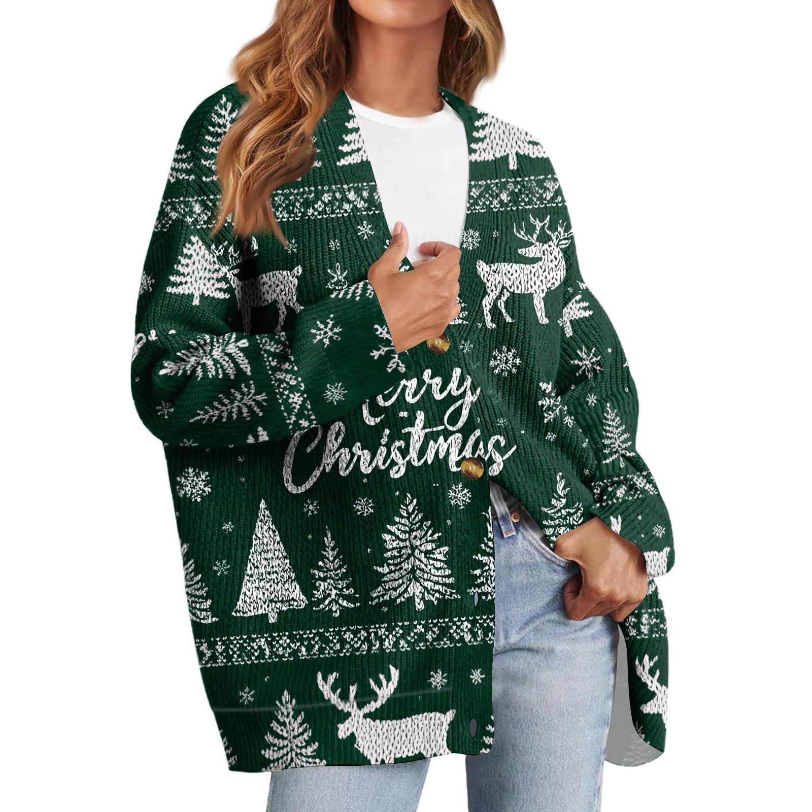 Women s Fashion Long Sleeve Christmas Print V-Neck Button Loose Cardigan Top L
