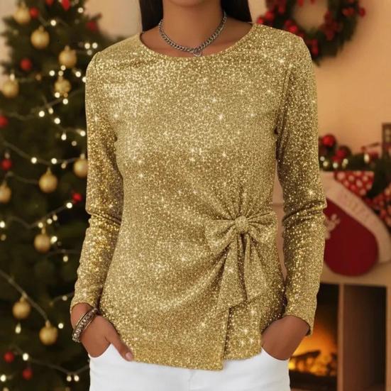 Dame Topper Rund Hals Langermet Glitrende Paljetter Pullover Topper med Skinnende Sløyfeaksenter Hverdagsklær