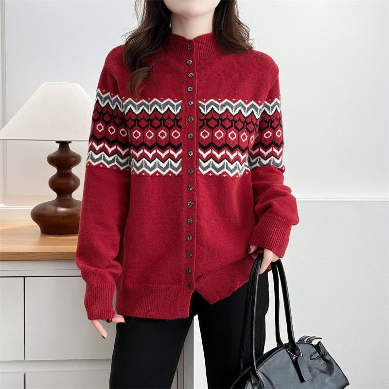 2025 Spring Plus Size Jacquard Cardigan Sweater for Women - Long Sleeve, Stand Collar Fashion Top, Niche Outerwear for Curvy Ladies