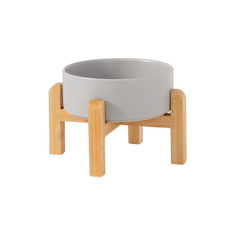 Ceramic Pet Food Bowl with Elevated Bamboo Stand - Anti-Tip Design for Dogs and Cats, Protects Cervical Spine