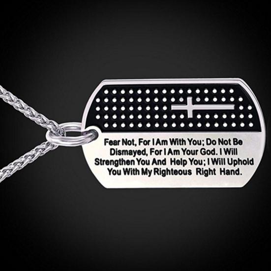 Stainless Steel Dog Tag Cross Bible Verse Pendant Men Necklace Christian Jewelry