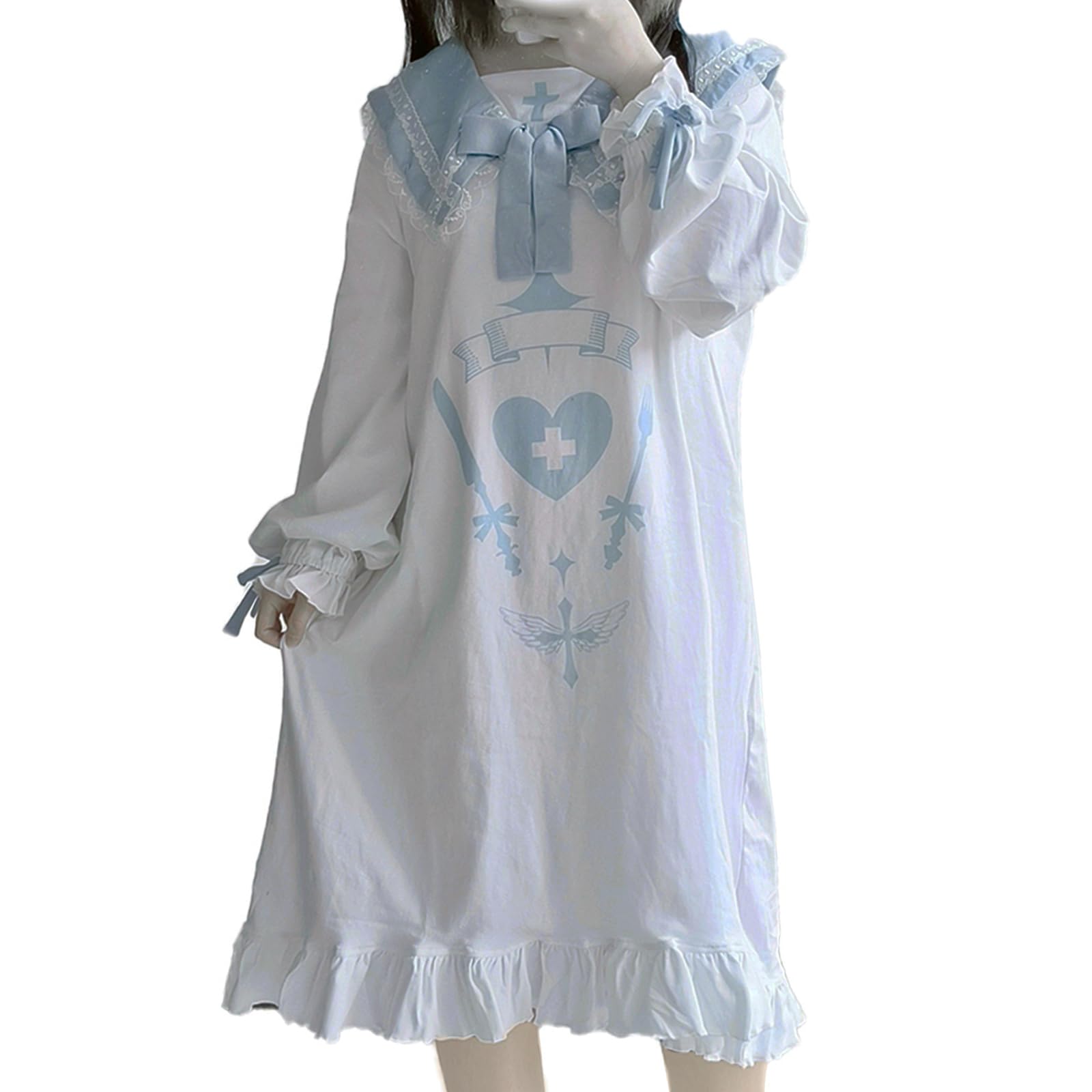 

LAVASEON Cute Loungewear Dress in Light Blue and White with Long Cute Sailor Print Women s Frizz, Sleeves, Knee-Length, Pajamas, Sleepwear, белый