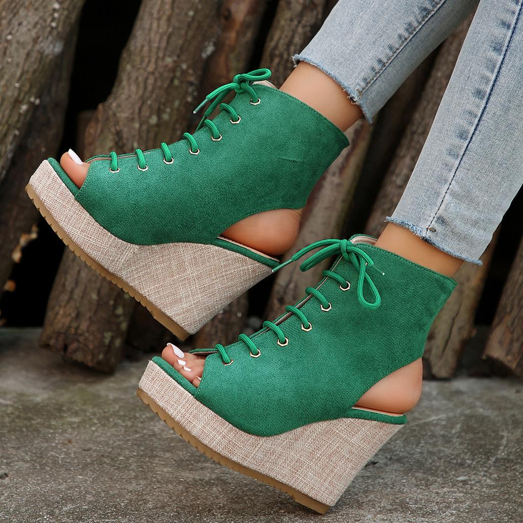 Módní dámské sandály na klínu, letní nové platformové sandály s rybími ústy a kříženým vázáním, boho styl, sandály