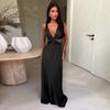 Deep V-neck Hollow Long Dress Sleeveless Slit Beach Vacation Dress Solid Color High Waist Dress