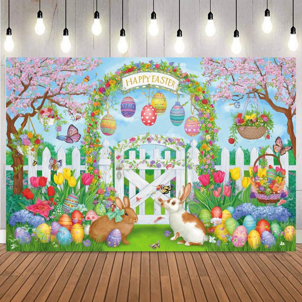 Happy Easter Party Decorations Photography Background Spring Forest Bunny Eggs Children Birthday Photobooth Backdrop Props11