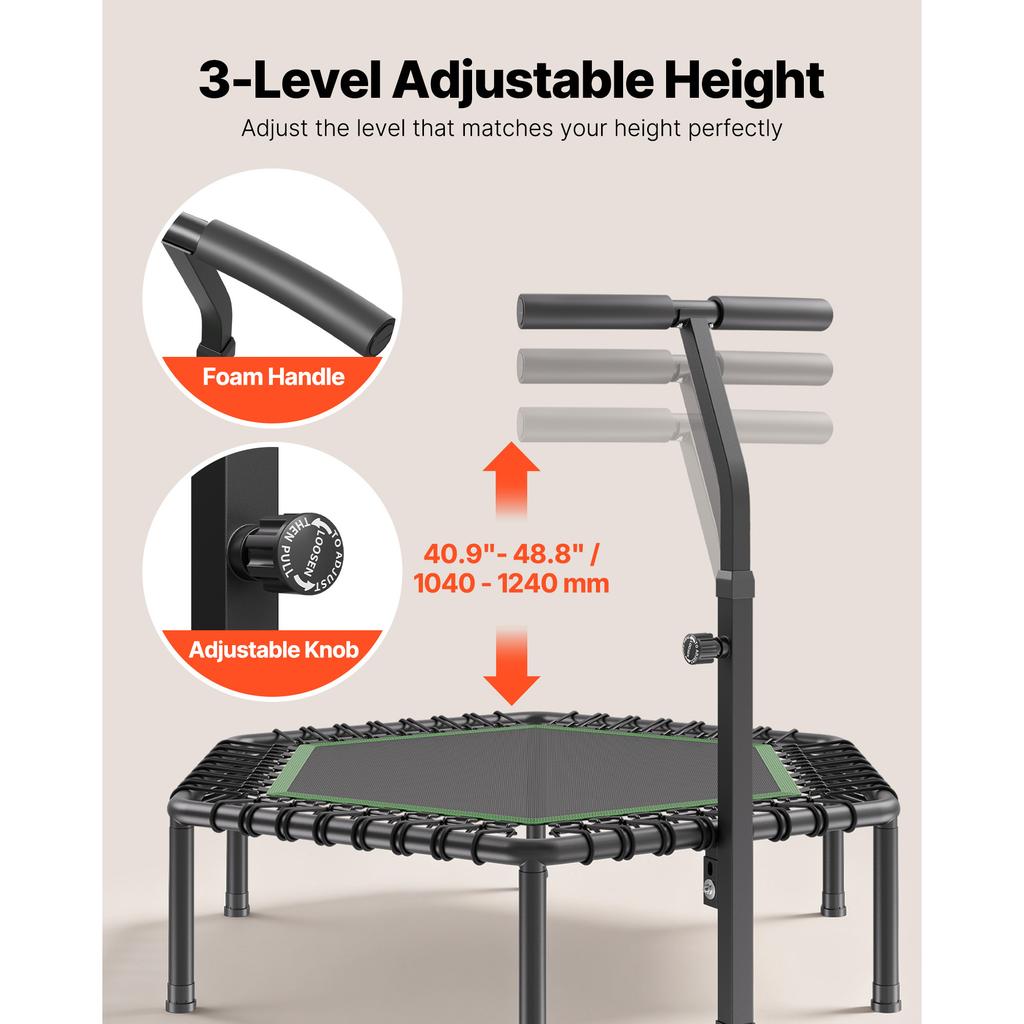 SucceBuy 54.5 Inch Mini Trampoline 450 lbs Stable & Quiet with 3 Levels Height Foam Handle for Adults Indoor/Garden Workout