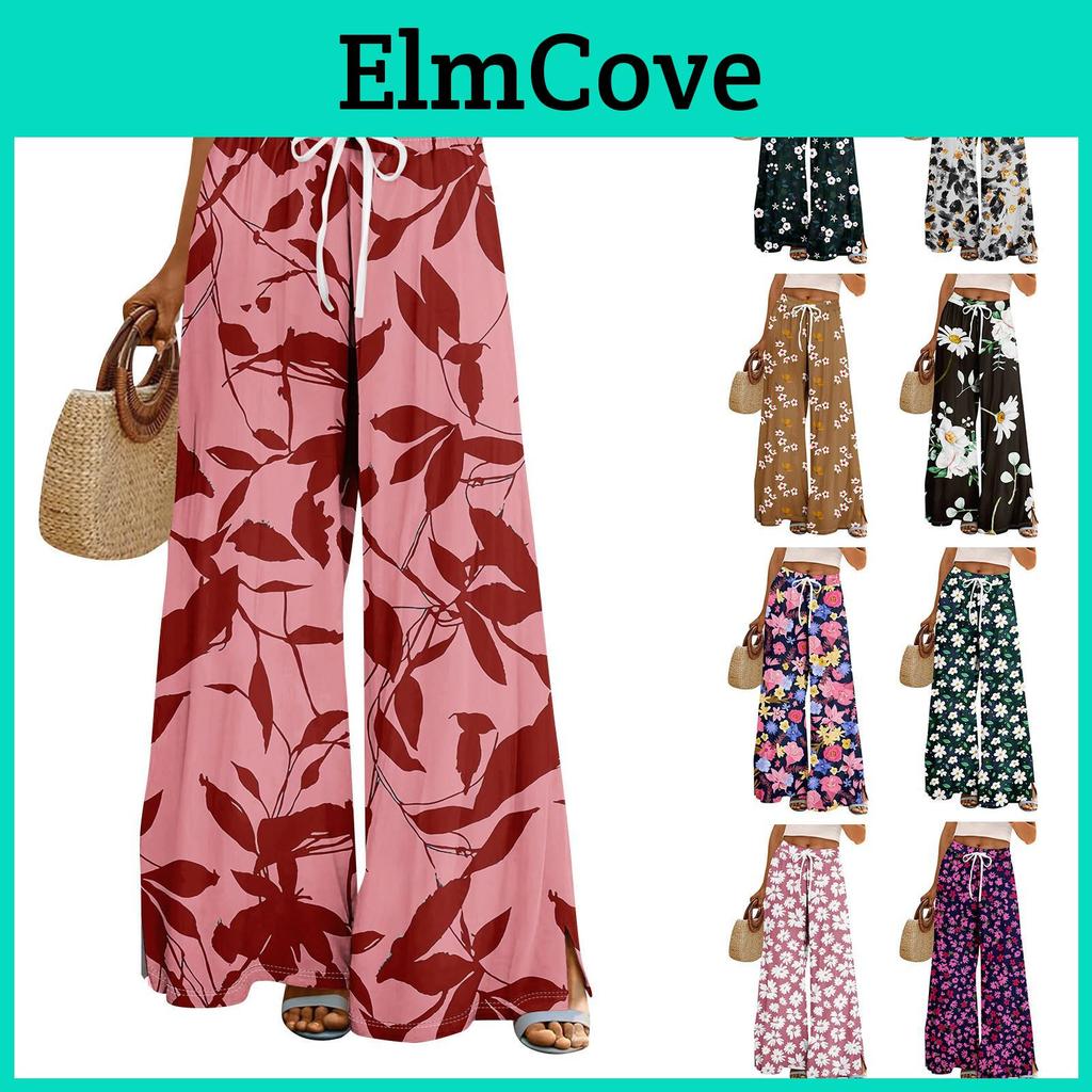 Damen Palazzo Hose Sommer Boho Hohe Taille Weiter Bein Rinting Lässige Hose Mit Taschen