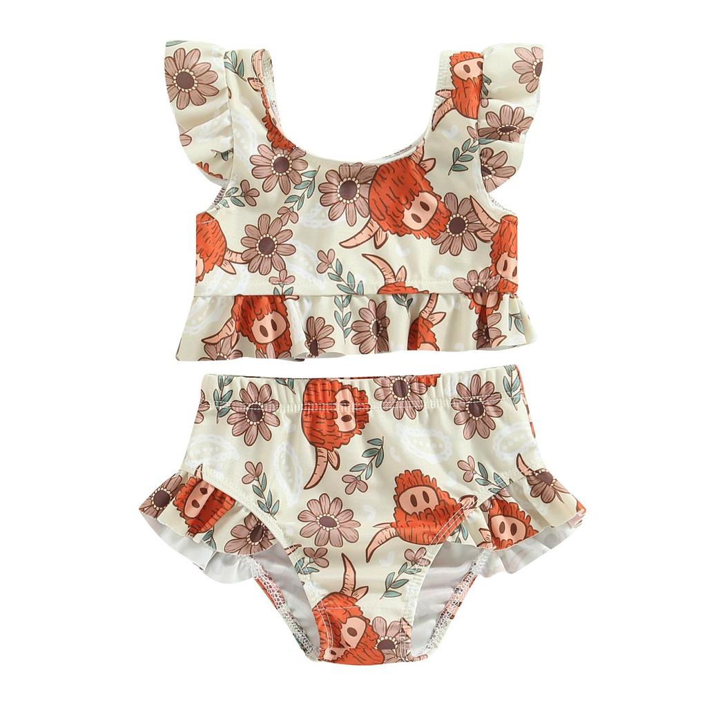 Baby Girls Bikini Set, Flower/Bull Head Print Fly Sleeve Vest with Elastic Waist Briefs Bathing Swimsuit for Summer Beach