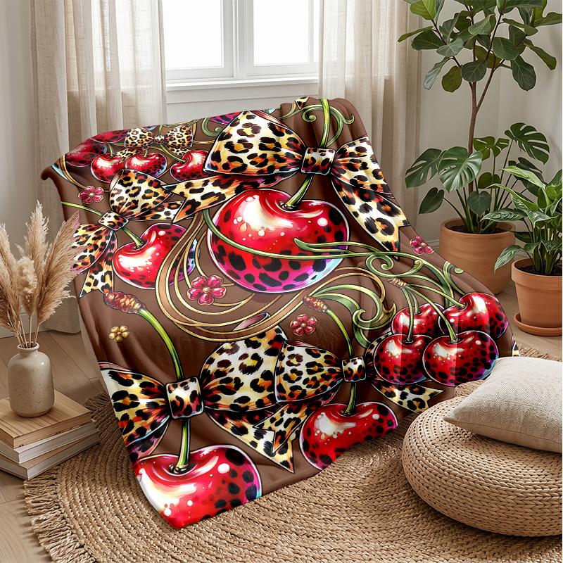 Cherries and Leopard Butterflies Blanket Personalized Name Flannel Blanket Soft Cozy Plush Throw for Sofa Bed Lightweight Home Decor