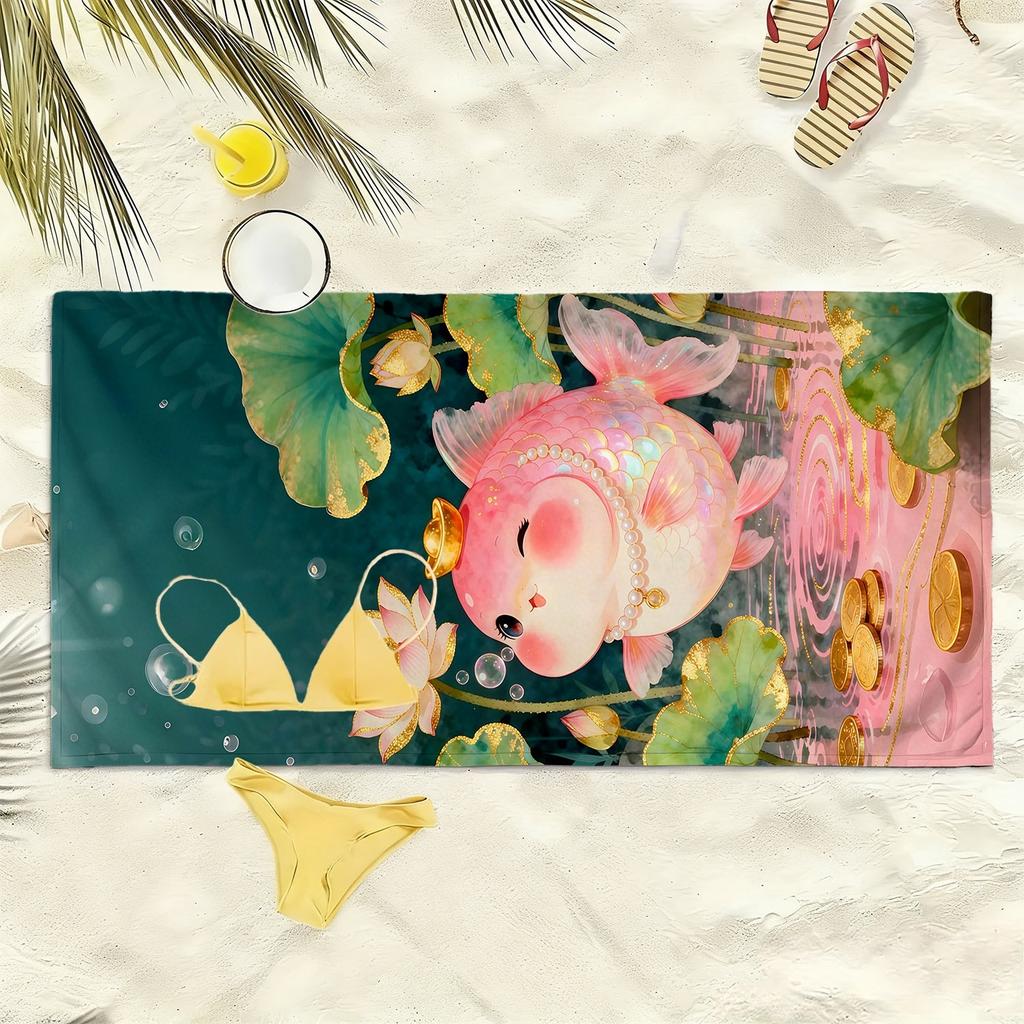 Soft pink koi fish cartoon lotus pattern polyester microfiber beach towel is highly absorbent, suitable swimming beach outings