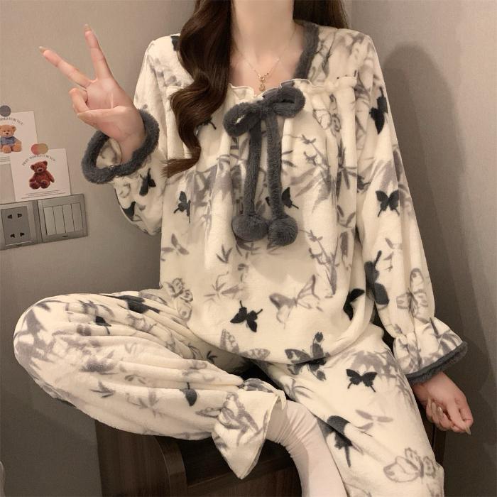 Women Flannel Pajama Set Winter Thick Warm Square Neck Long Sleeve Princess Style Bow Butterfly Casual Loungewear Home Sleepwear