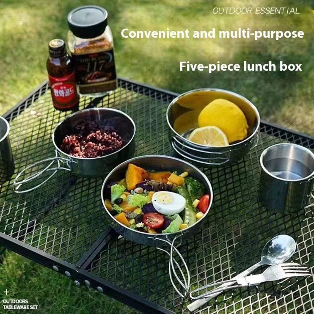 5Pcs 304 Stainless Steel Camping Cookware Set Stackable Foldable Handle Outdoor Pot Cup Tableware with Storage Bag Space Saving