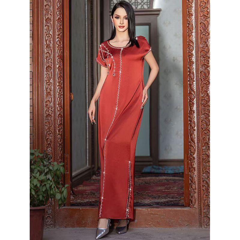 

Middle East New Arrival Fashion Acetic Acid Surface Embossed Handmade Rhinestone Dress Handmade Beaded Dress Brick Red 2XL