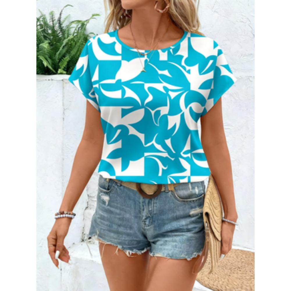 Casual Women Abstract Print Crew Neck T Shirt Short Sleeve Loose Fit Tee Shirt Summer Daily Wear Tops