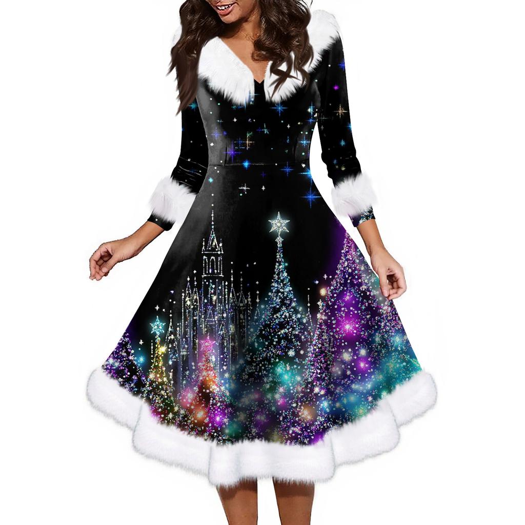 Women's Fashion V-neck Casual Fit Christmas Print Party Long Sleeve Dress
