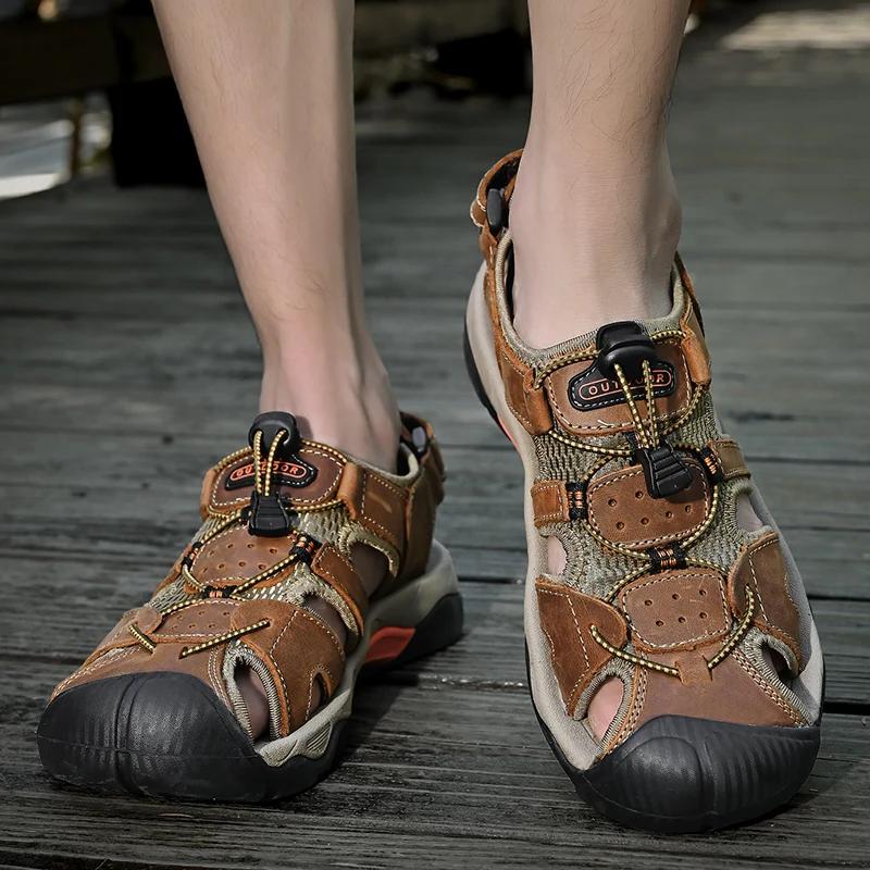 Summer Men's Sandals Classic Genuine Leather Sandals Fashion Outdoor Hiking Shoes Light Breathable Non-slip Sneakers 38-48