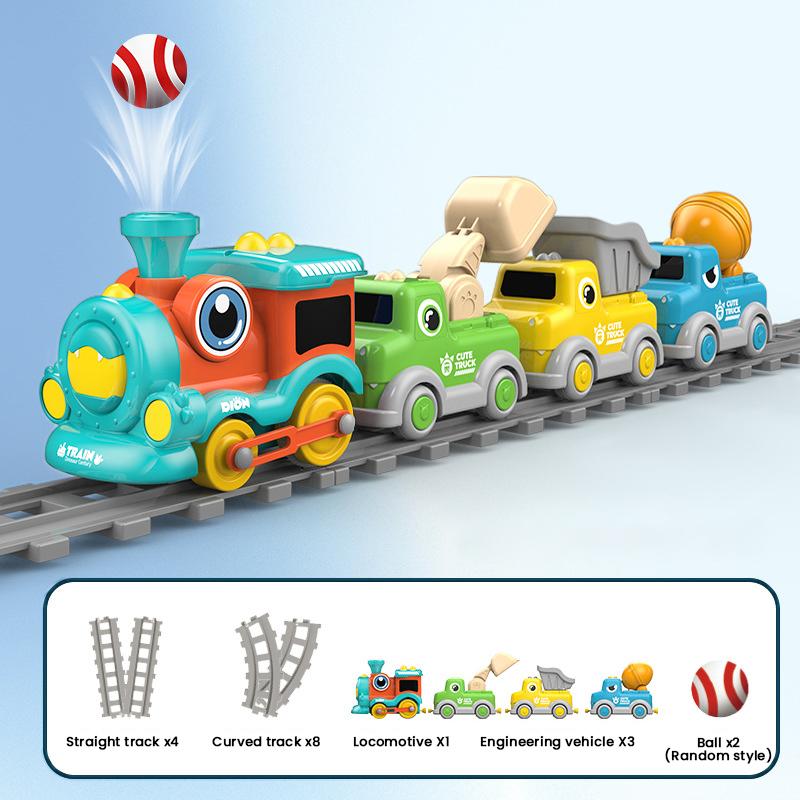 Steam Train Track Set Toys Blow Balls Spray Electric Railway Car Sound Light Magnetic Carriages Engineering Vehicle Children Toy
