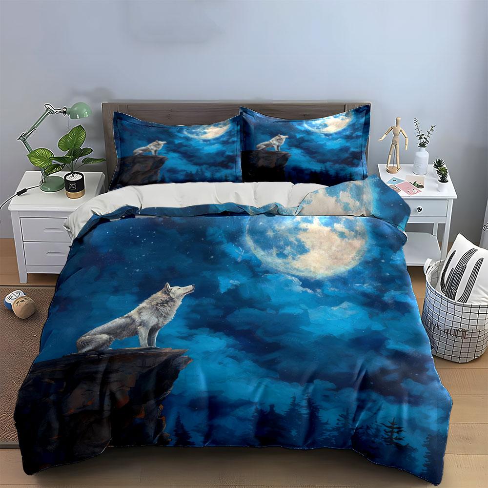 3Pcs Howling Wolf Bedding Set, White Wolf Under Full Moon Print Duvet Cover + 2 Pillowcases, Kids And Adults Home Decor