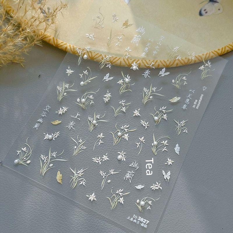 

New Chinese Orchid Butterfly Nail Sticker Retro Quiet White Orchid with Pearl Nails Back Glue Decorative Decals On the spring Orchid Pearl-to3827