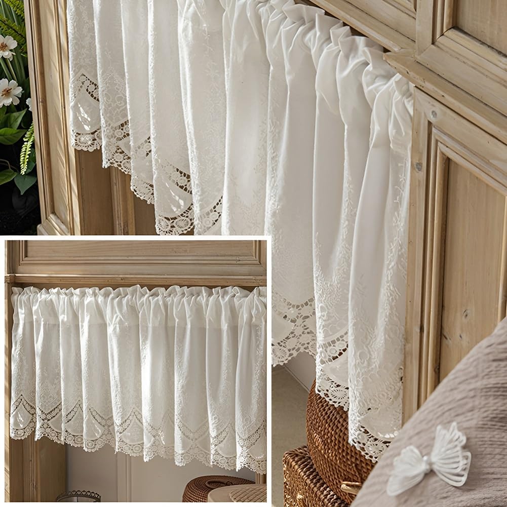 Tenda in Cotone da Fattoria, Elegante Tenda Finestra in Pizzo Floreale, Tenda Corta Bianca Floreale per Cucina Camera da Letto Libreria, 1 Pannello