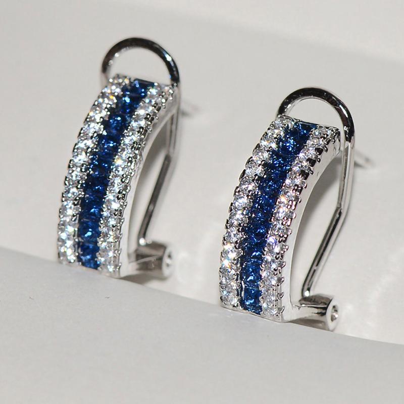Three Row Alternate Blue Clear Stone Curved Click Hoop Earrings Elegant Women Daily Ear Jewelry