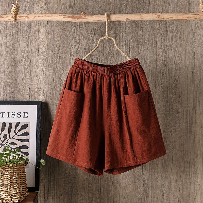 Women's Shorts Plus Size Cotton Linen Pants Thin Wide Leg Elastic Waist High Waist Loose Casual Five-part Pants