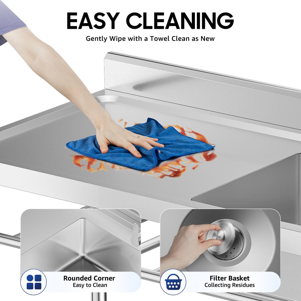 1 Grid Commercial Kitchen Sink,Free Standing Extra Thick Left Platform Right Basin,200kg Load Capacity for Restaurant & Home Use