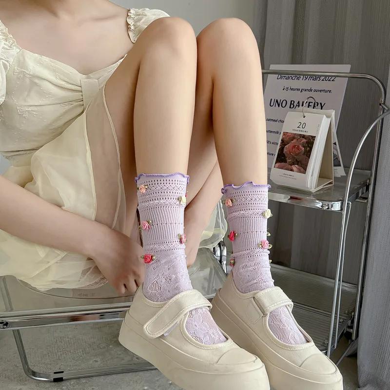 Jk Rose Flower Lolita Lace Pink Mesh Stockings Women Sexy Hollow Thin Sweet Colorful Flower Puff Girl Breathable Mid Pile Sock