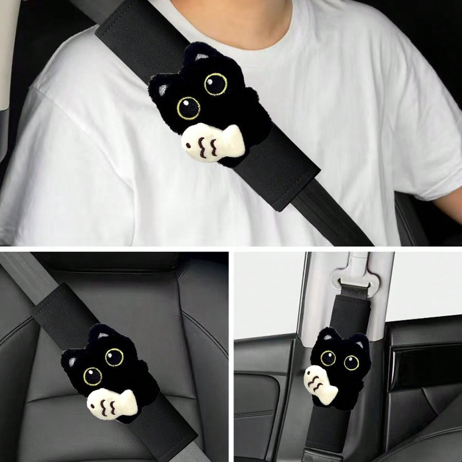 1PC Black Cat & Fish Decor Car Shoulder Pad Cover Fashionable Elegant Design Comfort Enhancer Fits Most Vehicles