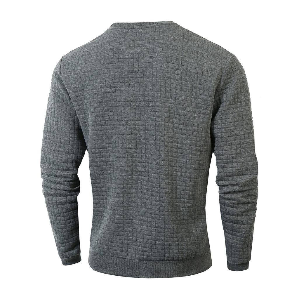 Men's Casual Long-Sleeved Checked Shirt, Slim-Fit Round-Neck Solid-Color Top