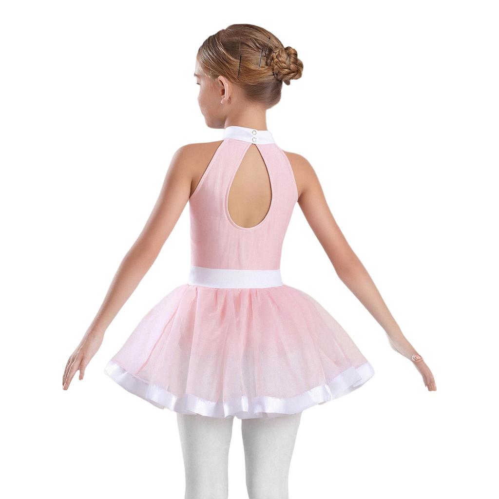 Girls Shiny Sequins Layered Tulle Ballet Dance Dress Sleeveless Cutout Back Tutu Dress Built In Briefs Skirt