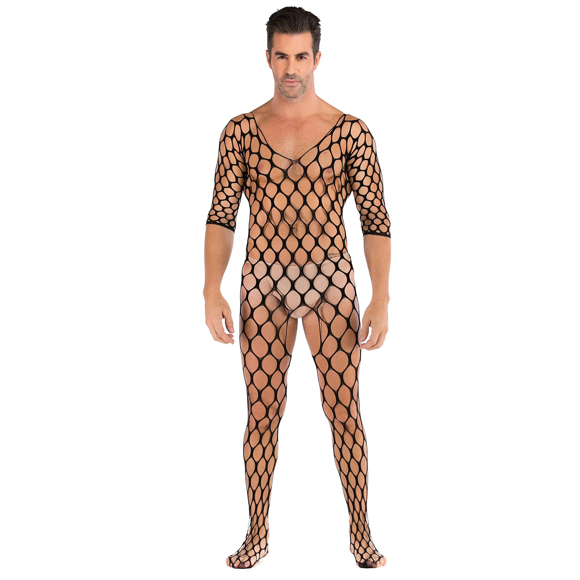 Cosplay Hommes Sexy Creux Noir Une Pièce Maille Manches Longues Sexy Perspective Maille Hommes one size