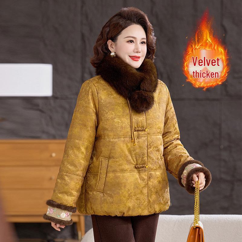 Women's Retro Cotton Jacket with Fur Collar - Thick Warm Winter Coat for Middle-aged & Elderly