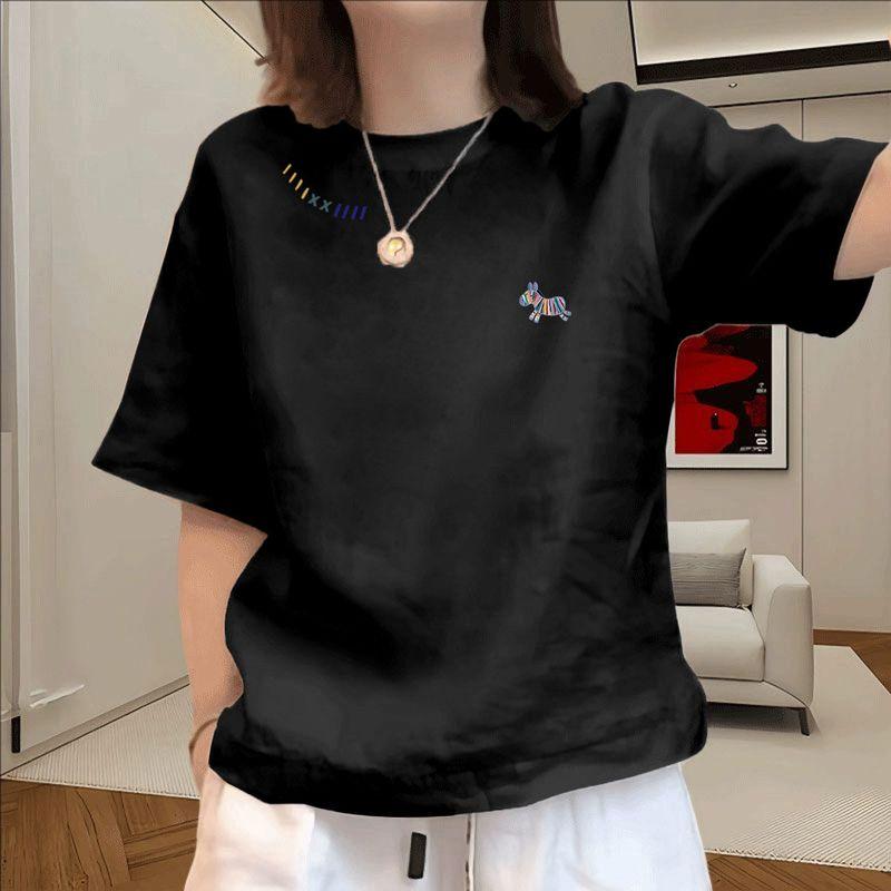 White Loose-Fitting Pure Cotton Short-Sleeve T-Shirt for Women, 2026 Year of the Horse Clothing, Zodiac Year Top, Base Shirt for Women