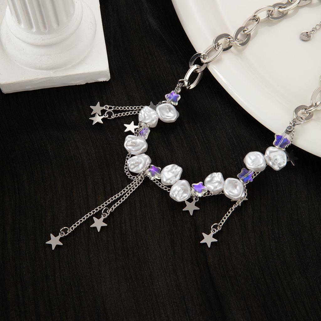 Irregular Pearl Star Fringe Necklace High-End Sense Collarbone Chain Japanese And Korean Niche Design Sweet And Cool Style Jewelry Women