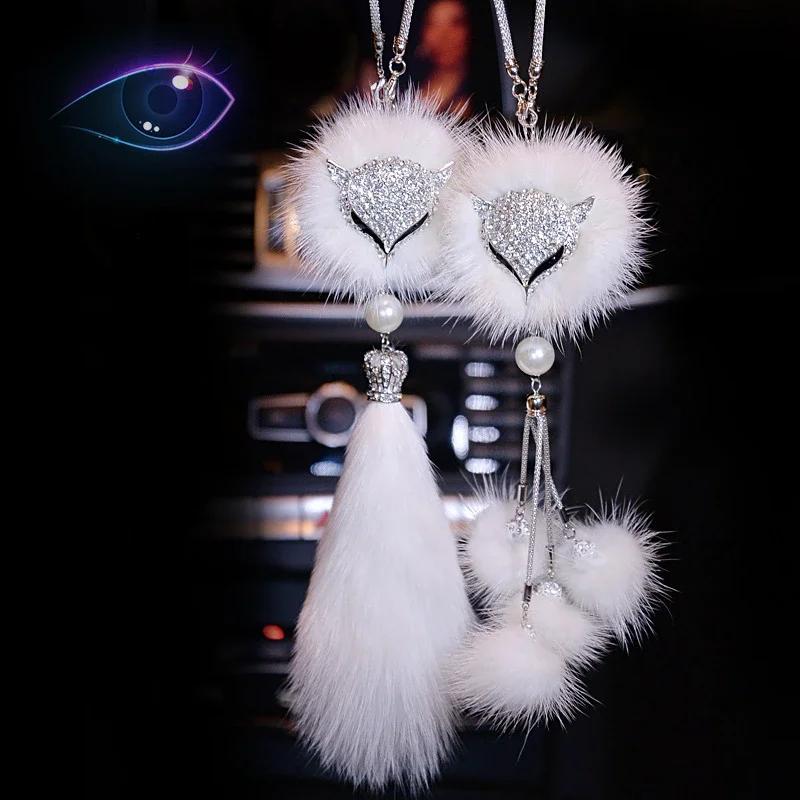 Car Pendant Fox Fur Crystal Set with Diamonds High End Ladies Interior Mirror Pendant Car Decor Accessories Interior Ornaments