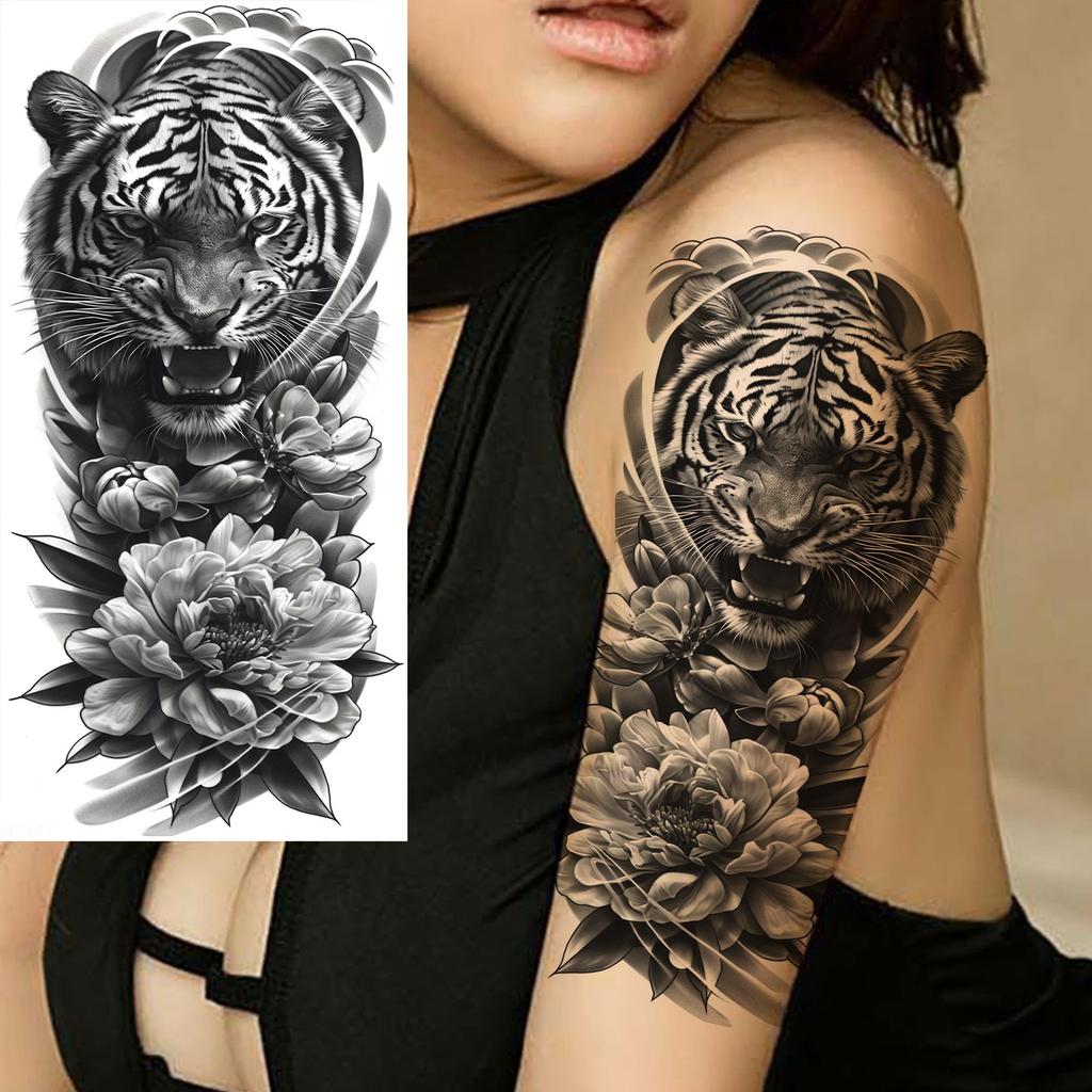 1 Sheet Cool Warrior Lion Tiger Skull Temporary Tattoos For Men Women Adults, Long Lasting Waterproof Temp Fake Tattoo Sticker