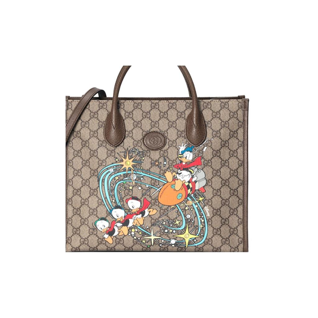 Gucci X Disney Print z Kaczorem Donaldem Duża Pojemność Płócienna i Skórzana Torba Tote Męskie Torby Tote Heban 648134-2N0AT-8679